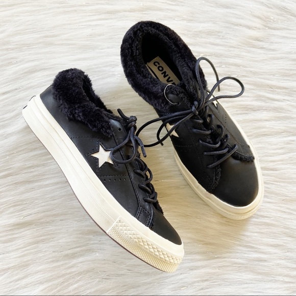 Converse one star ox faux fur lined sneaker Converse One Star Unisex Ox Black Leather Faux Fur Lining  main image 3
